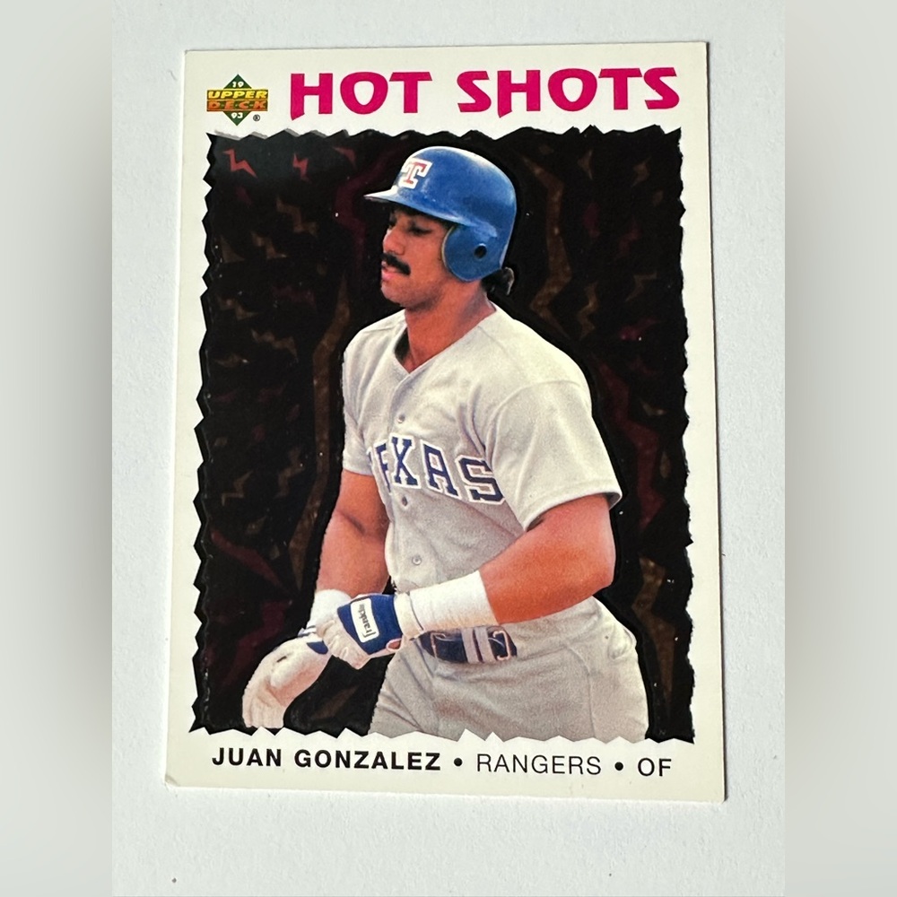 Juan Gonzalez, OF.  Texas Rangers Baseball Trading Card - Hot Shots.